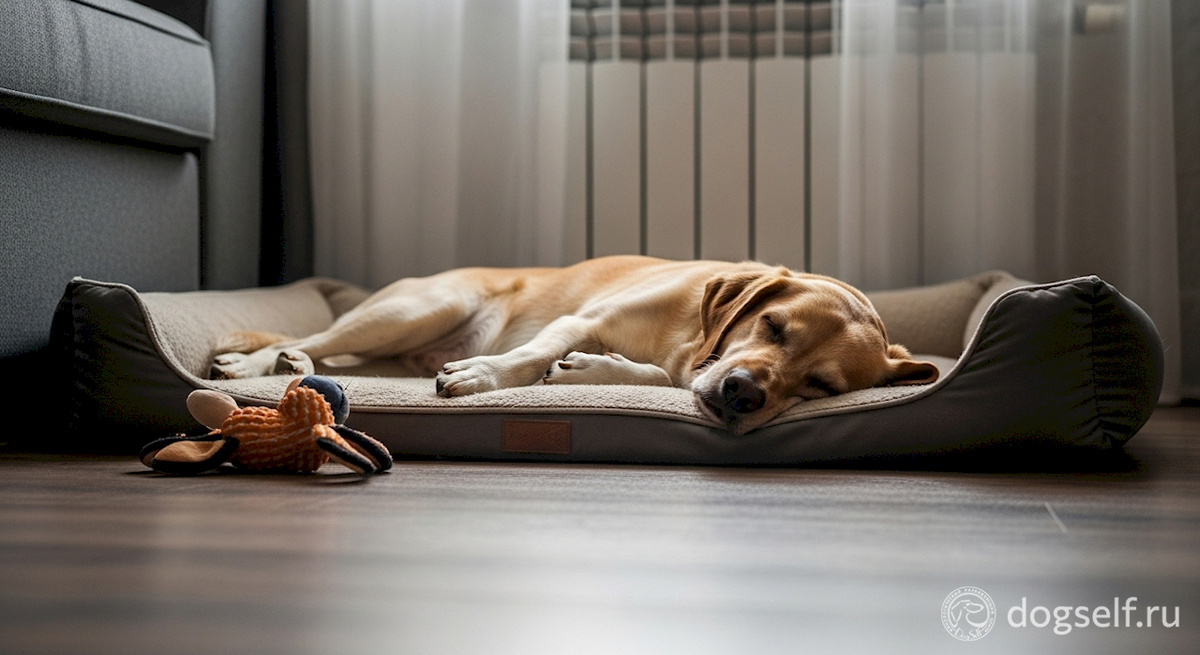 Собака, которая знает команду «Место», спокойно лежит на своей лежанке и отдыхает. Это идеальный результат обучения: питомец самостоятельно находит безопасное убежище и расслабляется. Игрушка рядом показывает, что место – это не наказание, а комфортная зона для отдыха. | Иллюстрация: DogSelf