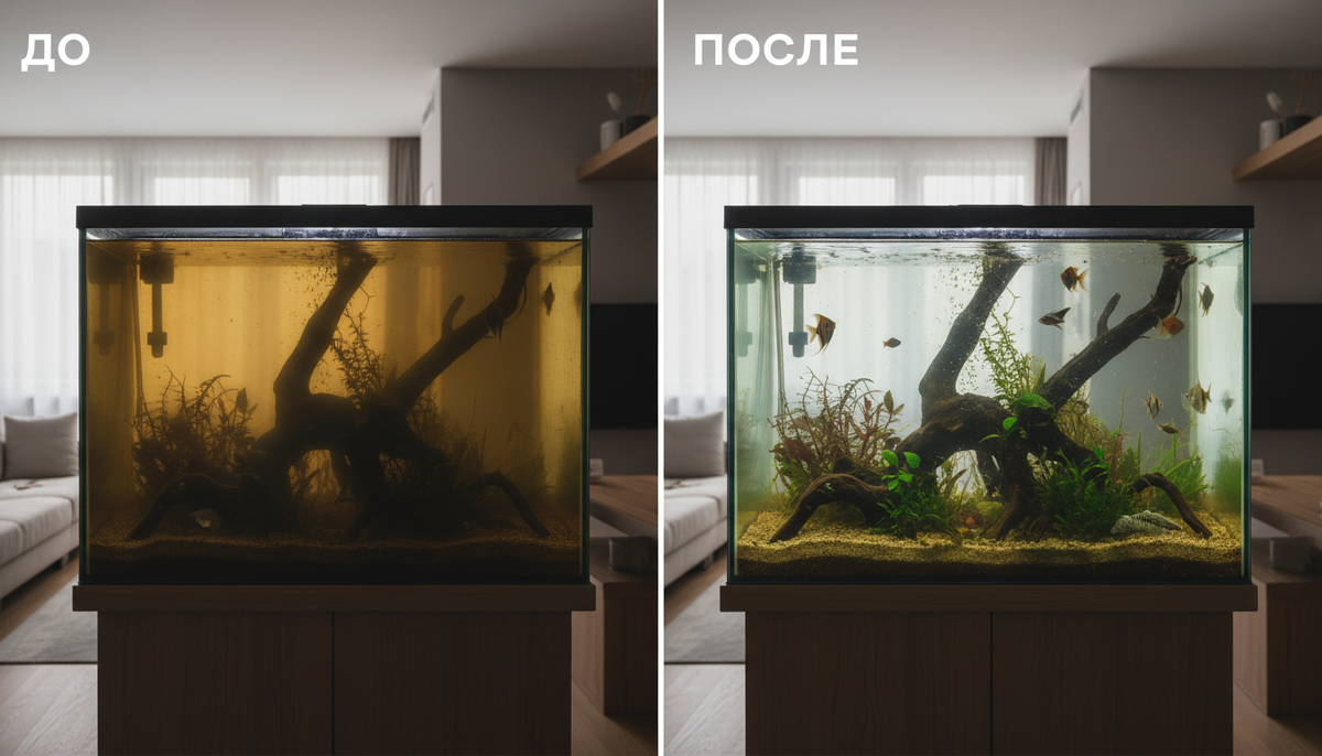 Аквариум с коричневой водой до и после