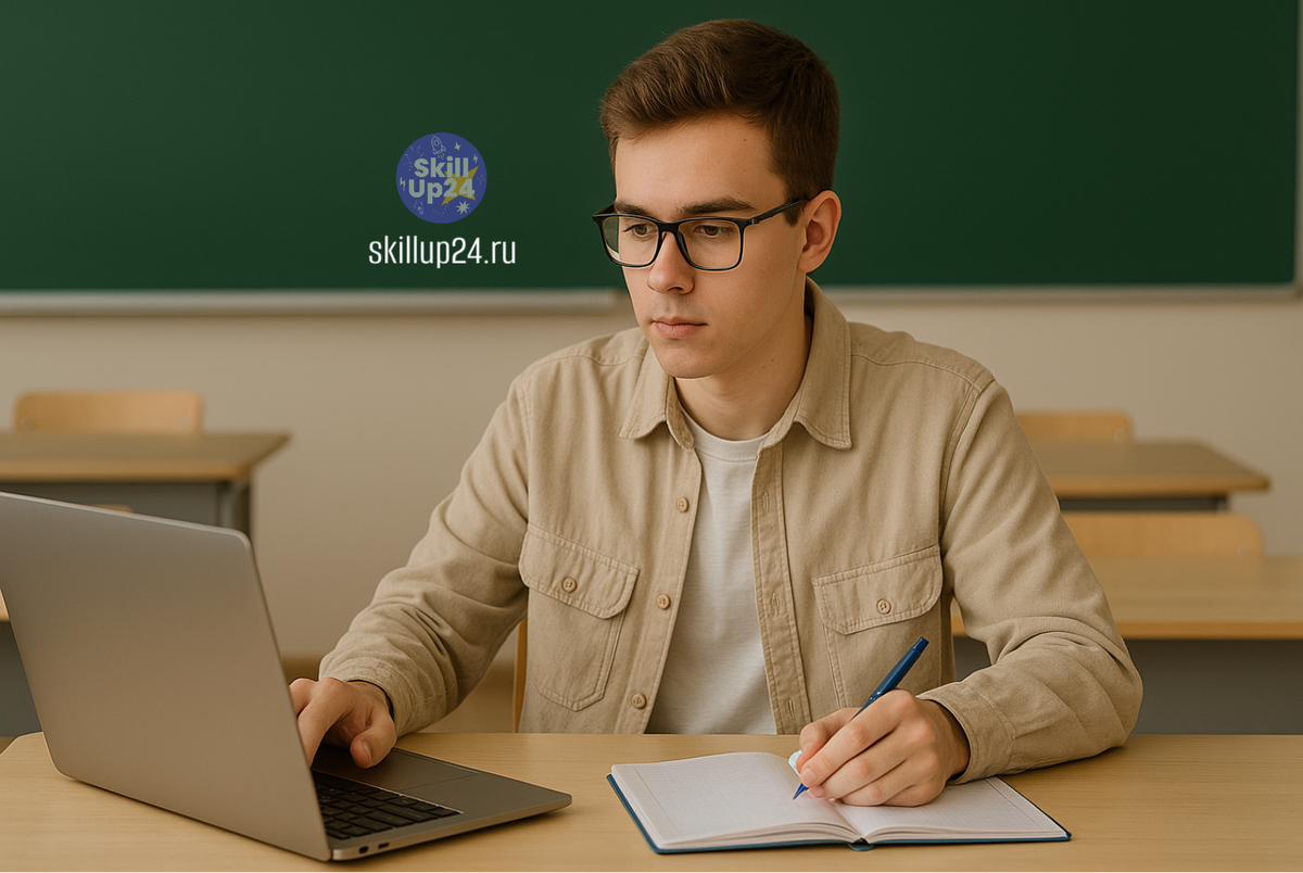 Студент колледжа готовится к экзаменам за ноутбуком и тетрадью в современной аудитории — учебный процесс, подготовка к поступлению, обучение онлайн. Индивидуальные занятия, современный класс, сосредоточенный студент. Онлайн школа SkillUp24 в Астрахани, Барнауле, Владимире, Владивостоке, Волгограде, Воронеже, Екатеринбурге, Ижевске, Иркутске, Казани, Калининграде, Кемерово, Кирове, Краснодаре, Красноярске, Липецке, Махачкале, Москве, Набережных Челнах, Нижнем Новгороде, Новокузнецке, Новосибирске, Омске, Оренбурге, Пензе, Перми, Ростове-на-Дону, Рязани, Самаре, Санкт-Петербурге, Саратове, Сочи, Томске, Тольятти, Туле, Тюмени, Уфе, Ульяновске, Хабаровске, Чебоксарах, Челябинске, Ярославле