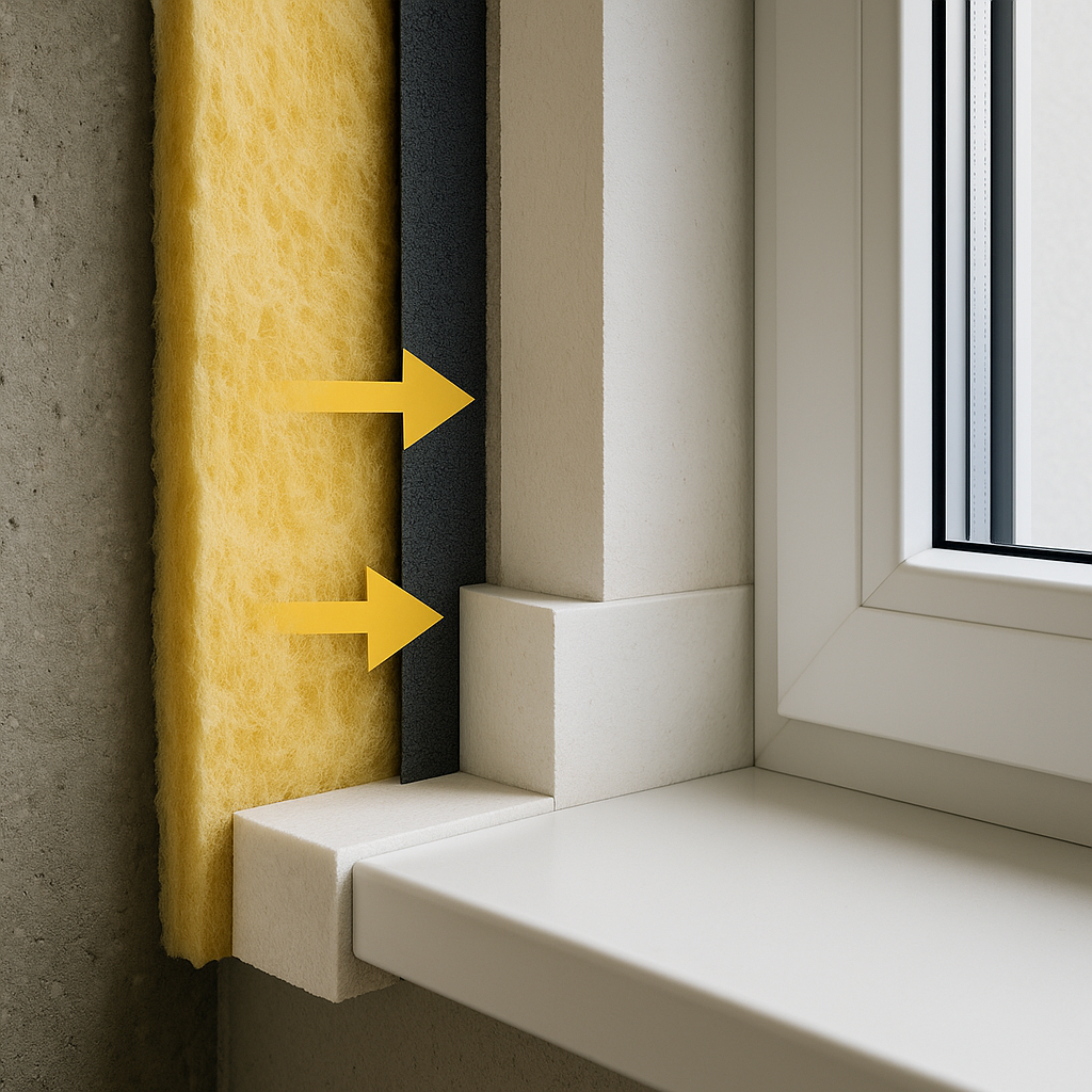 Слои «теплого» откоса: пароизоляция, утеплитель и жесткая отделка без мостиков холода.