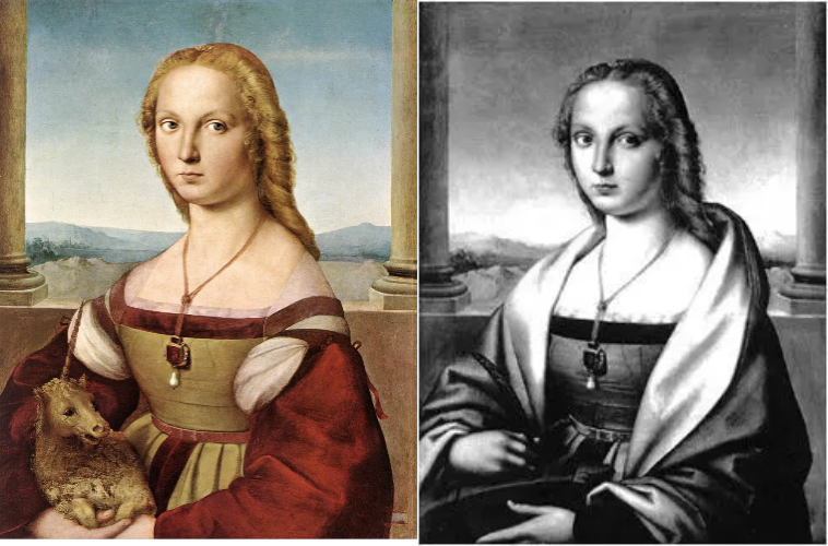 Рафаэль Санти. «Дама с единорогом», 1506 год, Галерея Боргезе, Рим © Public domain // Вид картины «Дама с единорогом» до реставрации