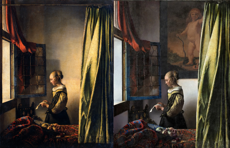 Вид картины «Девушка с письмом у окна» до реставрации // Ян Вермеер. «Девушка с письмом у окна», 1650-е годы, Дрезденская картинная галерея © Public domain