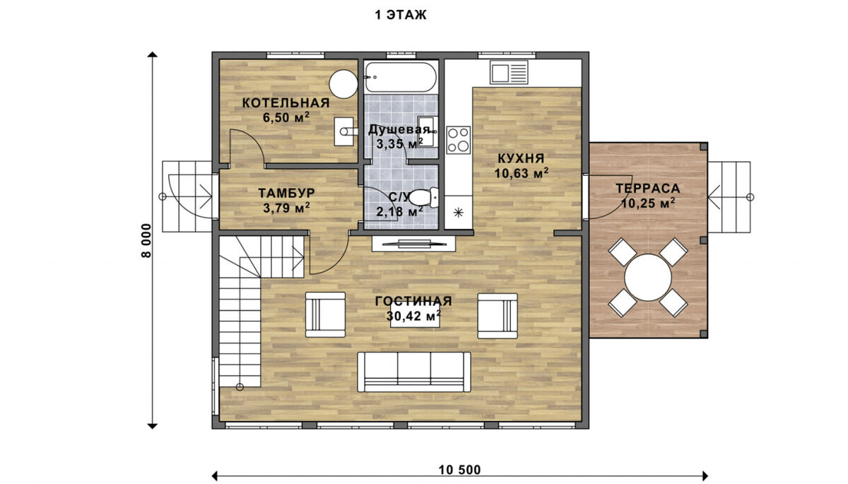 Планировка 1-го этажа каркасного дома "Маршал" 8х8м с перголой