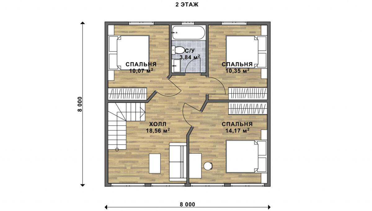 Планировка 2-го этажа каркасного дома "Маршал" 8х8м с перголой
