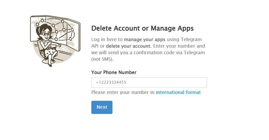 Страница удаления аккаунта Telegram («Телеграм»)