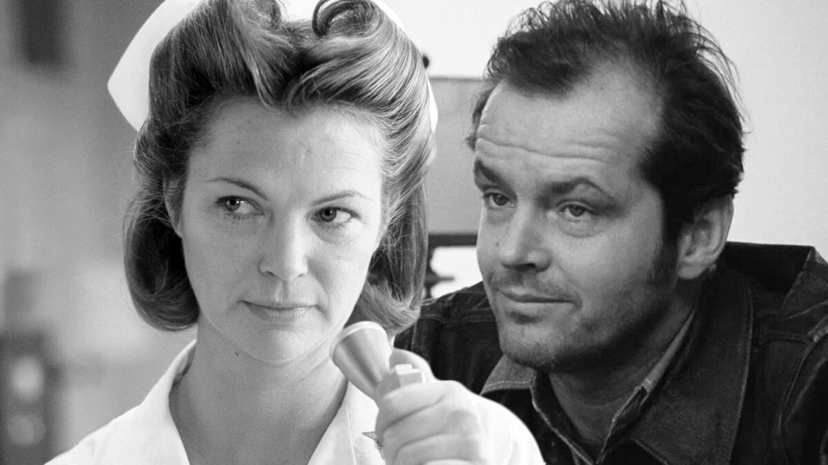 Луиза Флетчер в роли медсестры Рэтчерд и Джек Николсон в роли МакМэрфи.