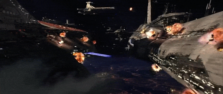 Битва за Корусант. Вот так бы она выглядела в реальности: полная тишина и лишь вспышки света. Согласитесь, скучновато? (источник: https://steamcommunity.com/sharedfiles/filedetails/?id=620679819) 