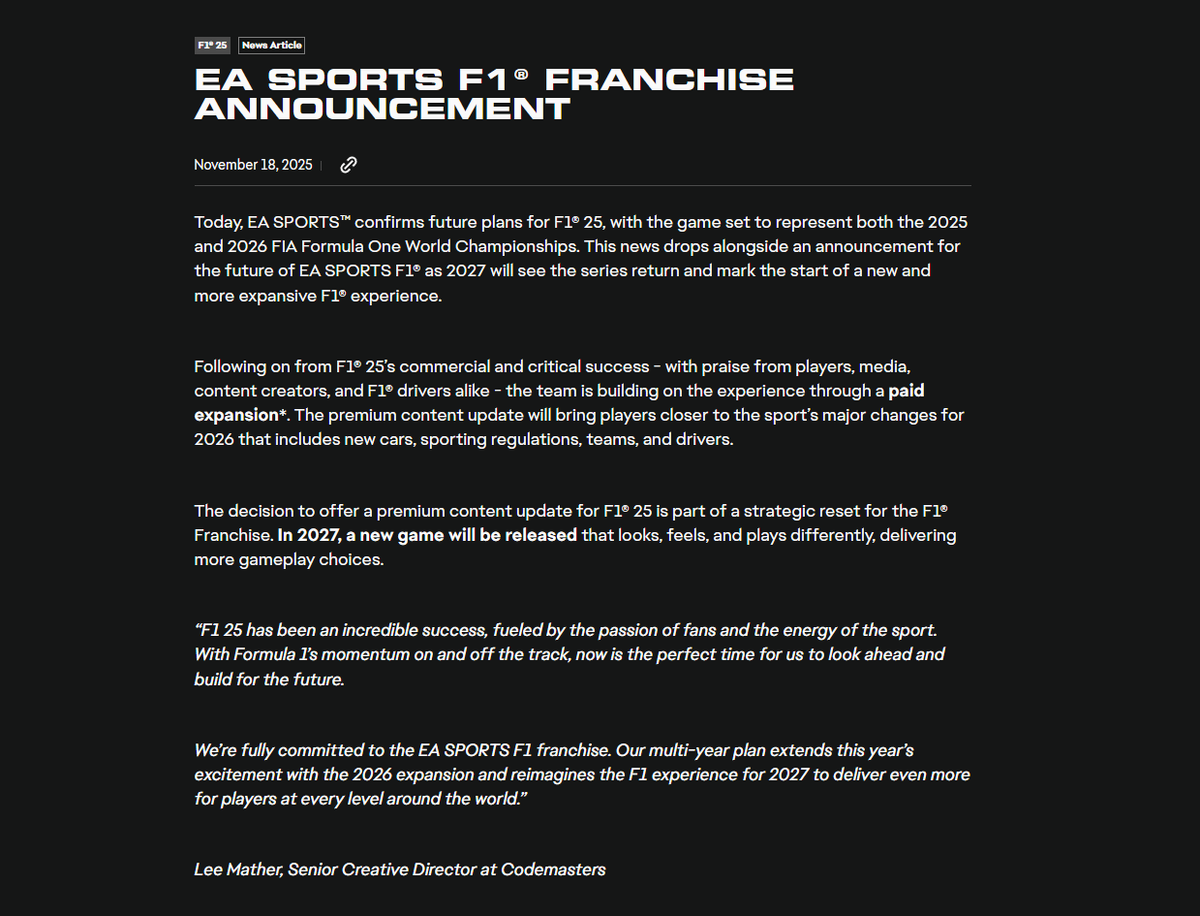 Объявление о перерыве в выпусках игры F1Источник: сайт Electronic Arts