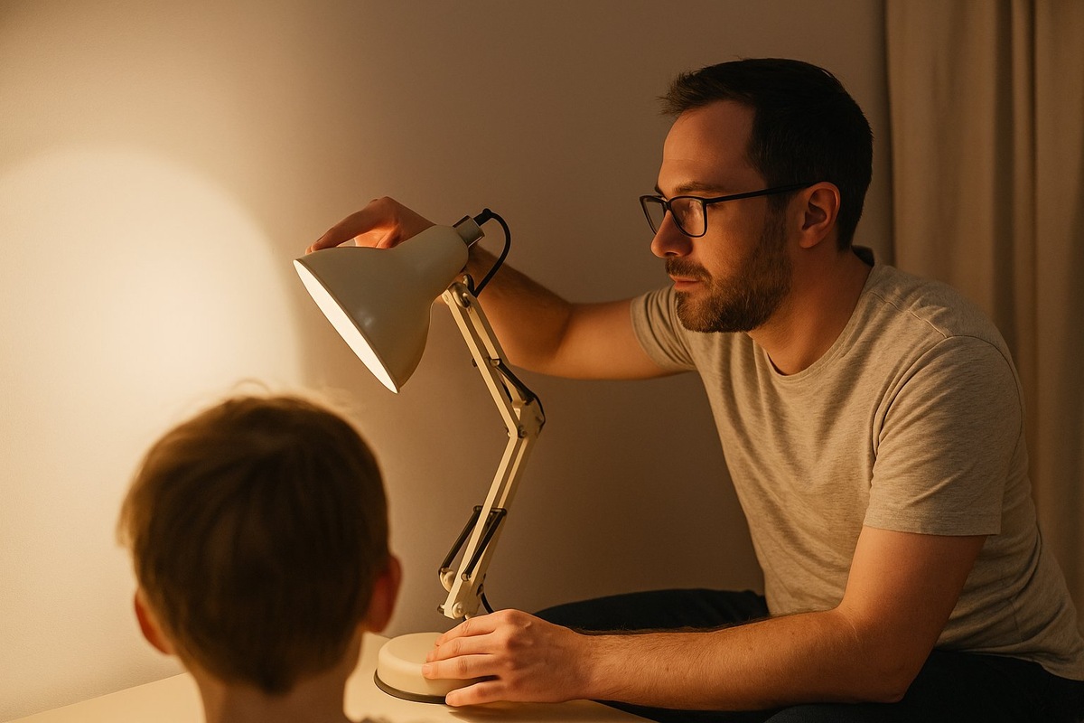 Папа выравнивает свет с помощью лампы
