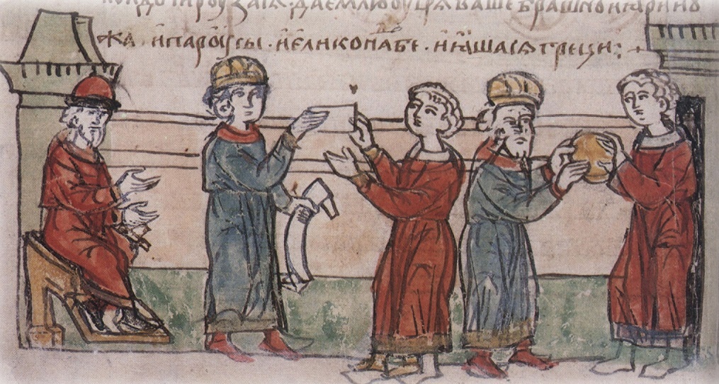 Составление мирного договора между Олегом и византийскими императорами. Миниатюра из Радзивиловской летописи (конец XV века). Источник иллюстрации: ru.wikipedia.org