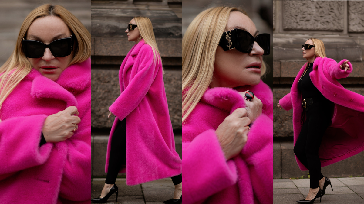 Стильная девушка в розовой шубе из эко-меха Anna Verdi.