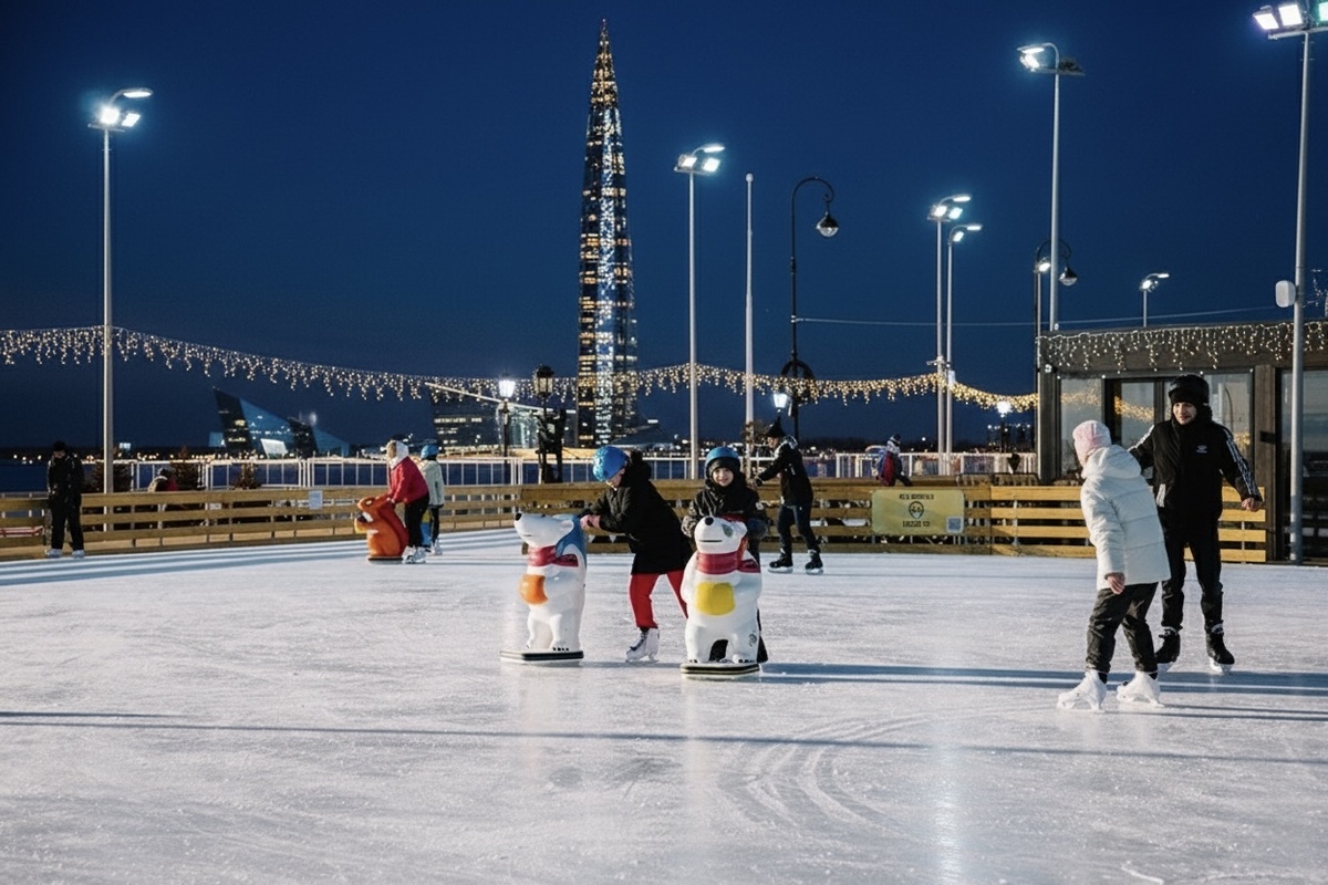 Каток у Флагштока зимой, вечернее катание с видом на Лахта Центр