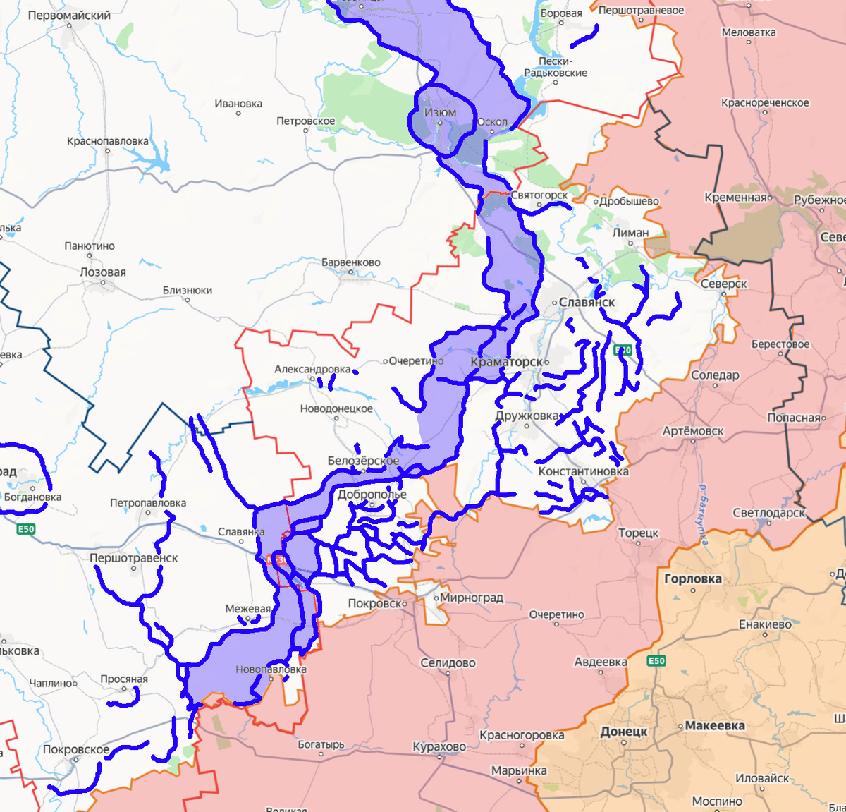 Примерная схема укреплений противника на Донбассе и прилегающих районах Екатеринославской и Харьковской областей. Сиреневым примерно закрашена "Линия Сырского".