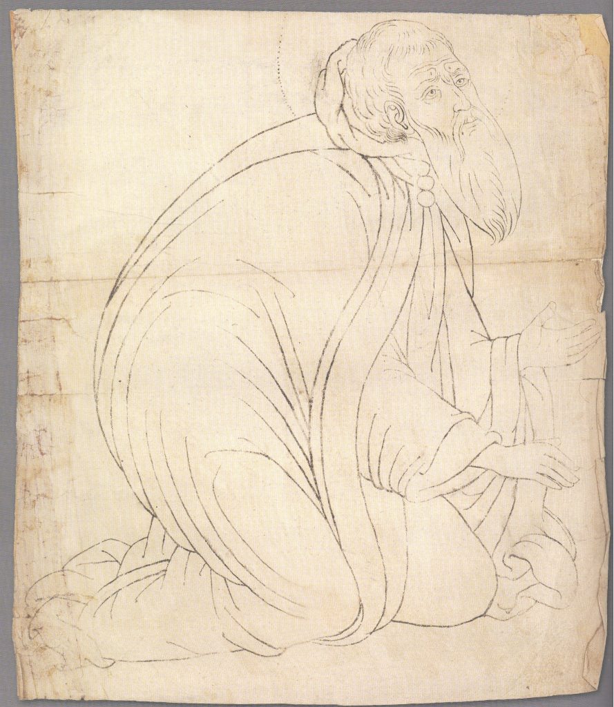 Фрагмент иконы «Спас Смоленский с припадающими Сергием Радонежским и Варлаамом Хутынским». Иконный образец. 1678 г.