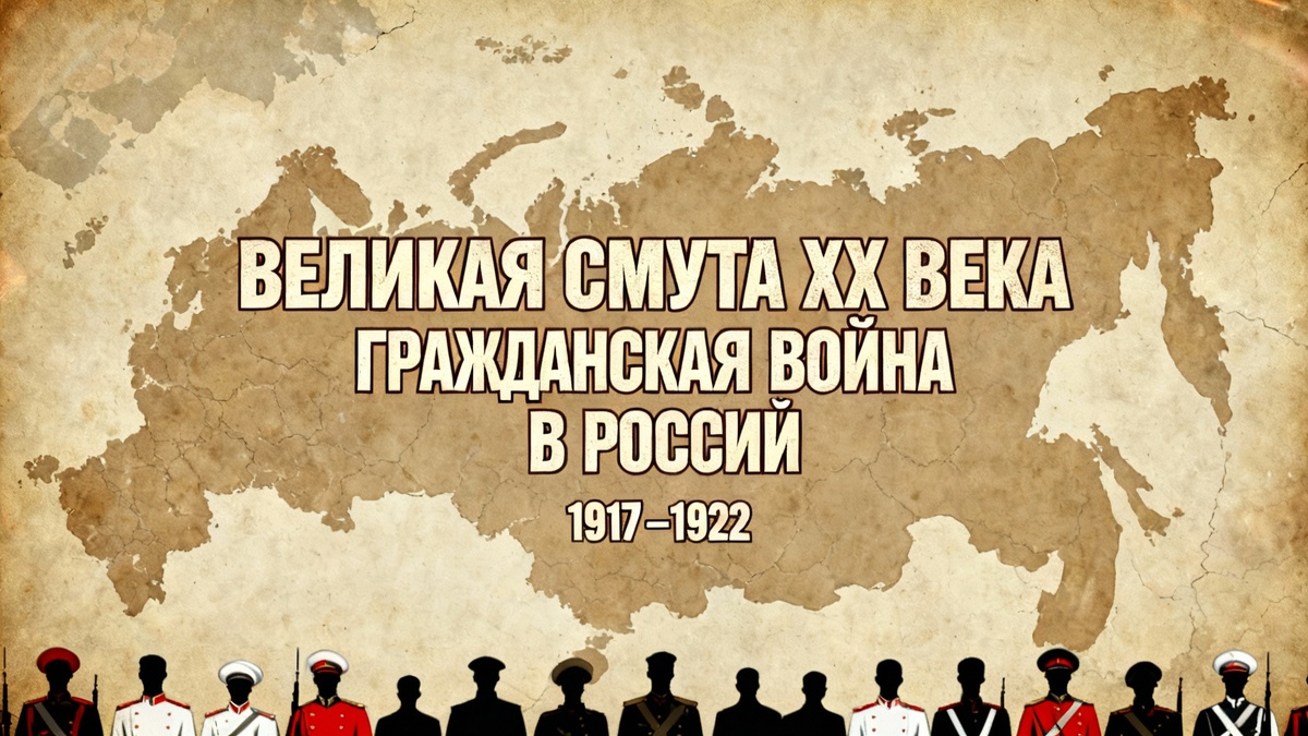 Обложка курса «Великая смута XX века»: выцветшая карта России и силуэты участников Гражданской войны