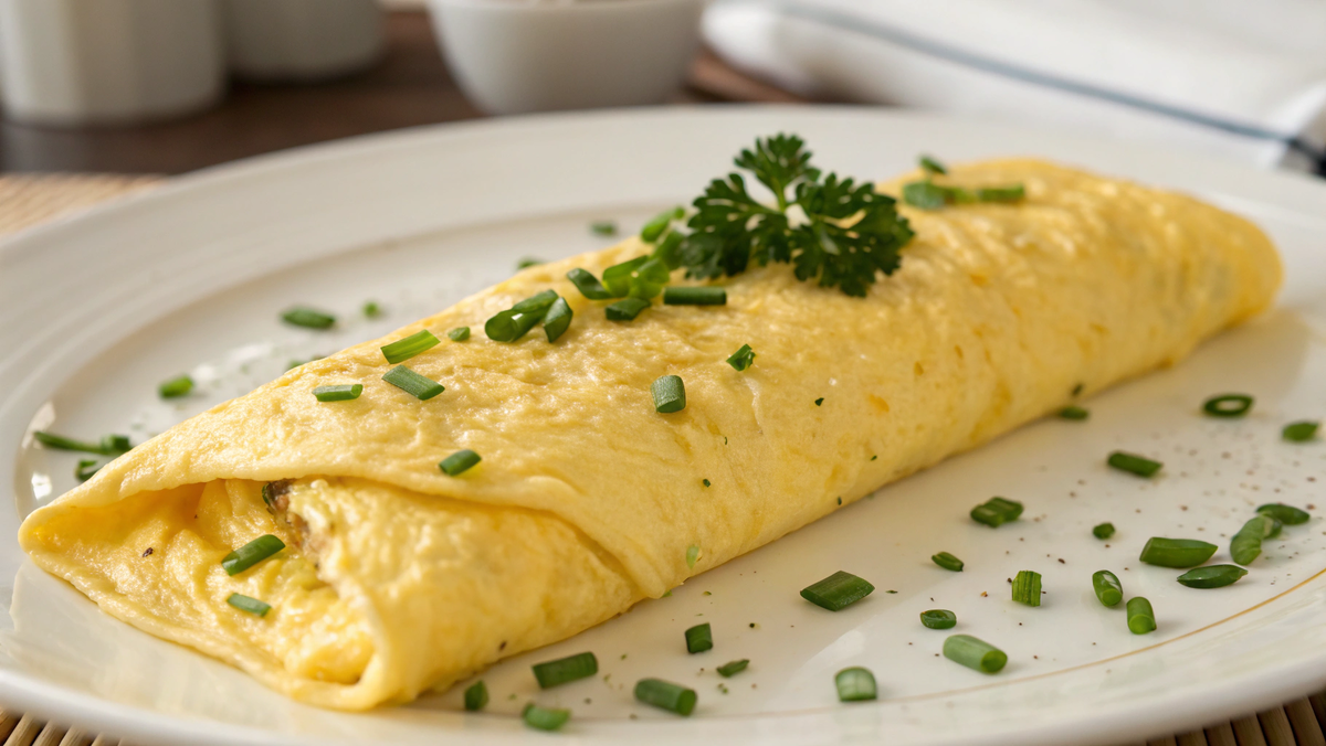 Фото: На тарелке идеально свернутый золотистый французский омлет.