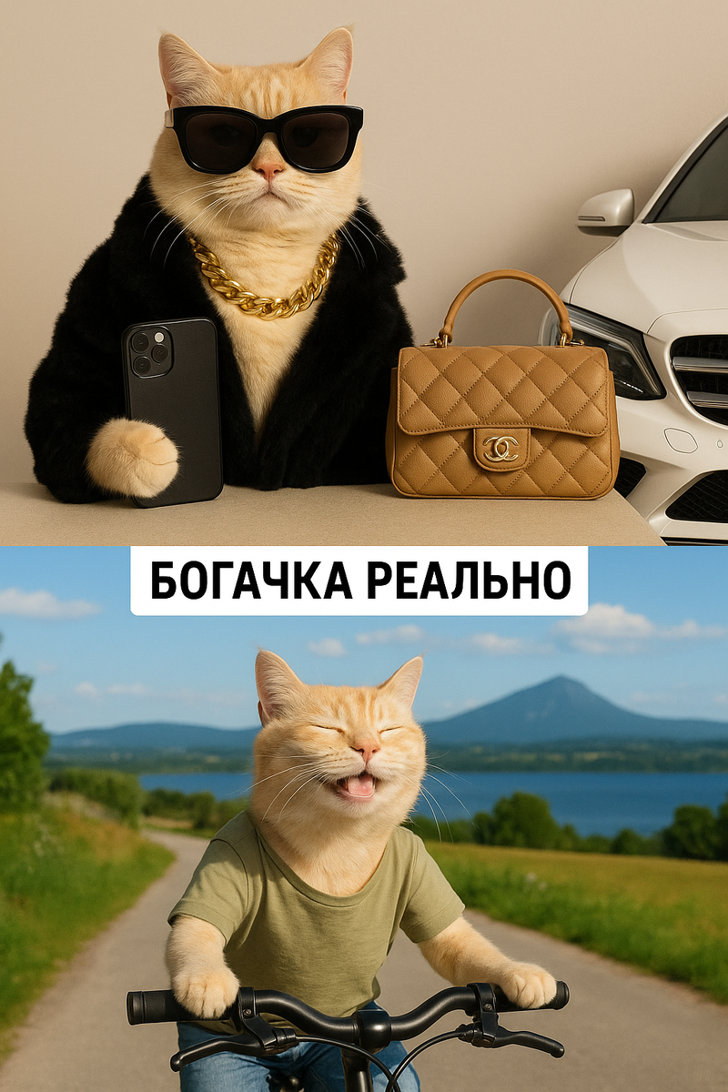 Сгенерила картинку роскошной жизни, велик Кьюб не получился. Жипити умеет или в модели великов или в русские буквы. Одновременно - пока нет