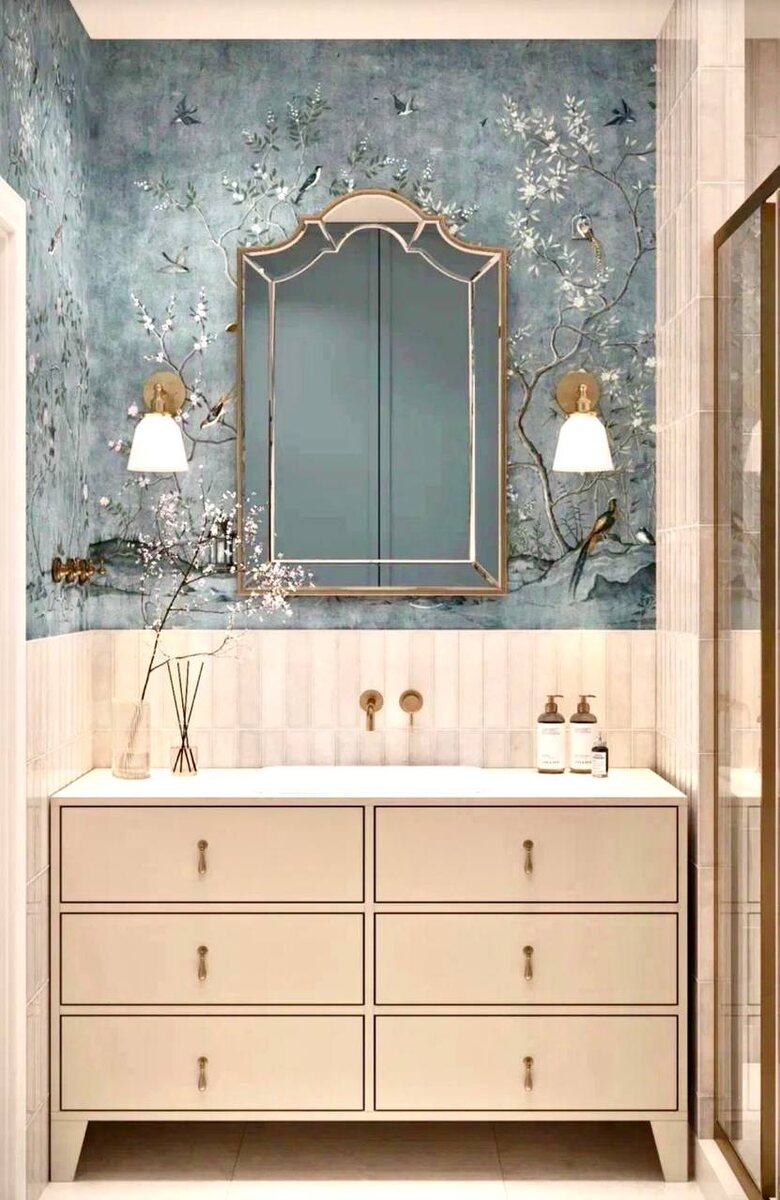 Макет в 3д. Так примерно будет выглядеть ванная комната с обоями в стиле шинуазри, для которой презназначена эта раковина. 