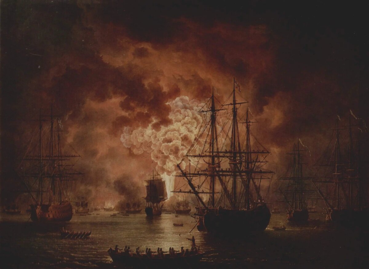 Якоб Филипп Хаккерт — «Гибель турецкого флота в Чесменском бою». Описание на Artchive. Это полотно отражает момент пожара турецкого флота, в котором участвовали брандера. https://artchive.ru/artists/331~Jakob_Filipp_Khakkert/works/464~Gibel%27_turetskogo_flota_v_srazhenii_pri_Chesme