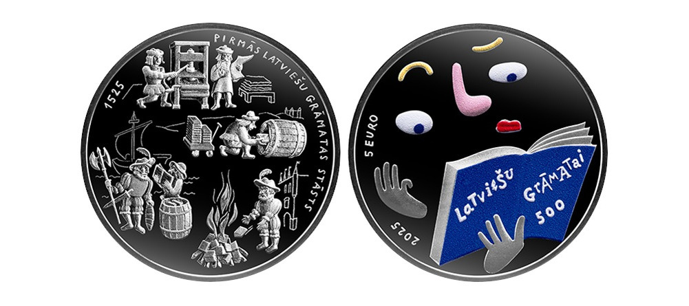    Монета Латвия 5 евро 2025 Первые книги на латышском языке серебро цветное покрытие