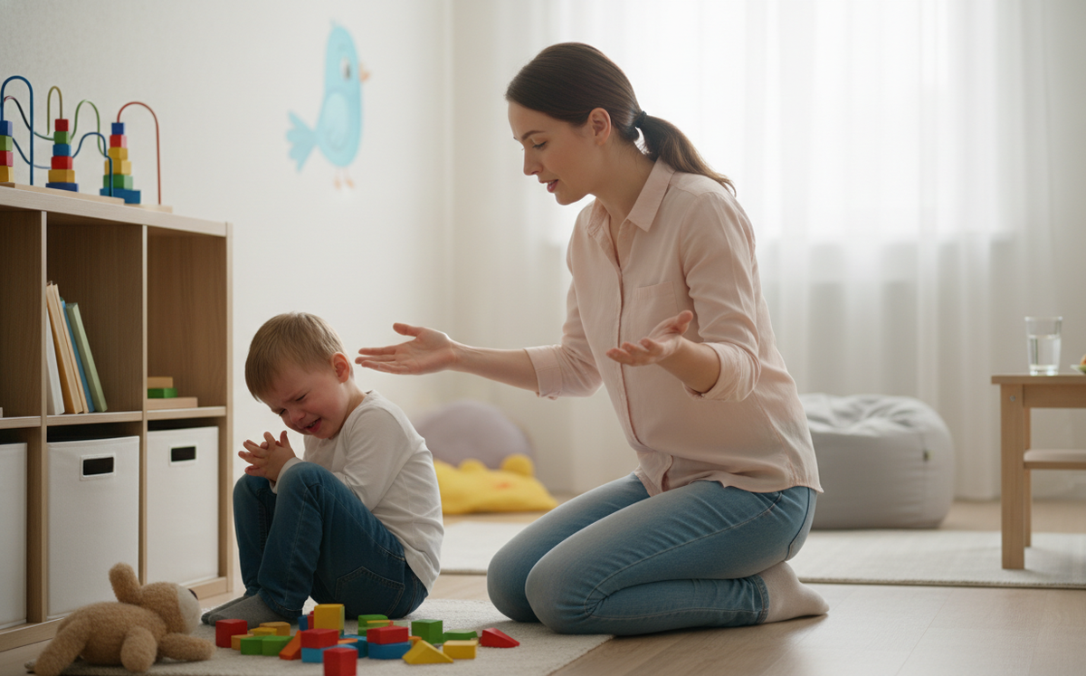 У малыша истерика, мама пытается ему помочь