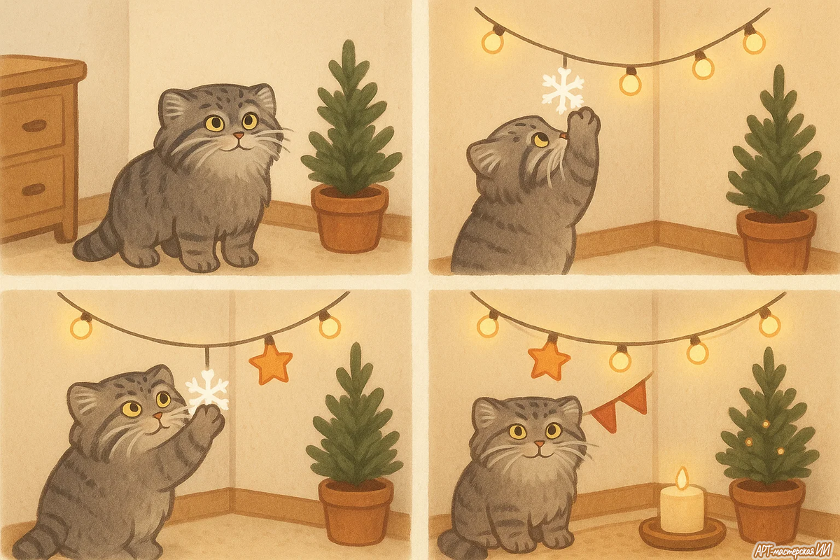 Это изображение создано с любовью в Арт-мастерской ИИ — вместе с вдохновляющим участием Манула и волшебством нейросети