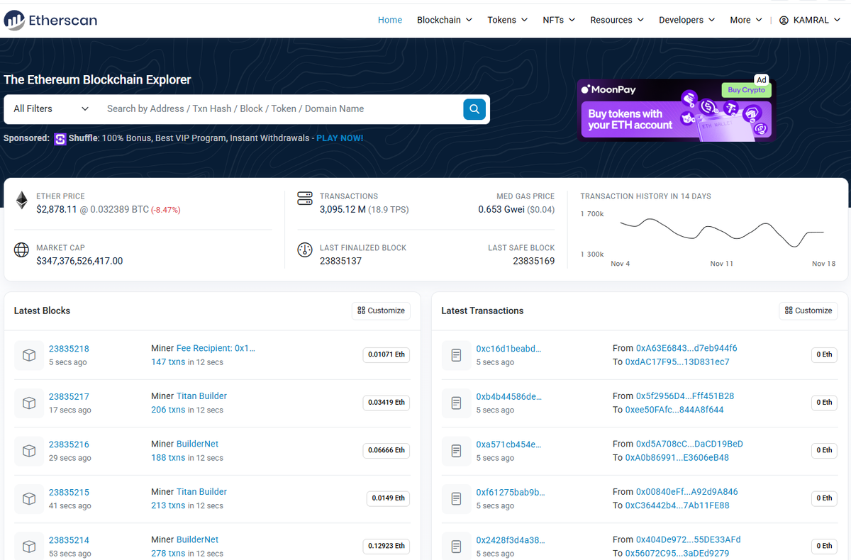 Etherscan — это сайт для визуализации блоков, истории транзакций и показателей блокчейна для Ethereum.