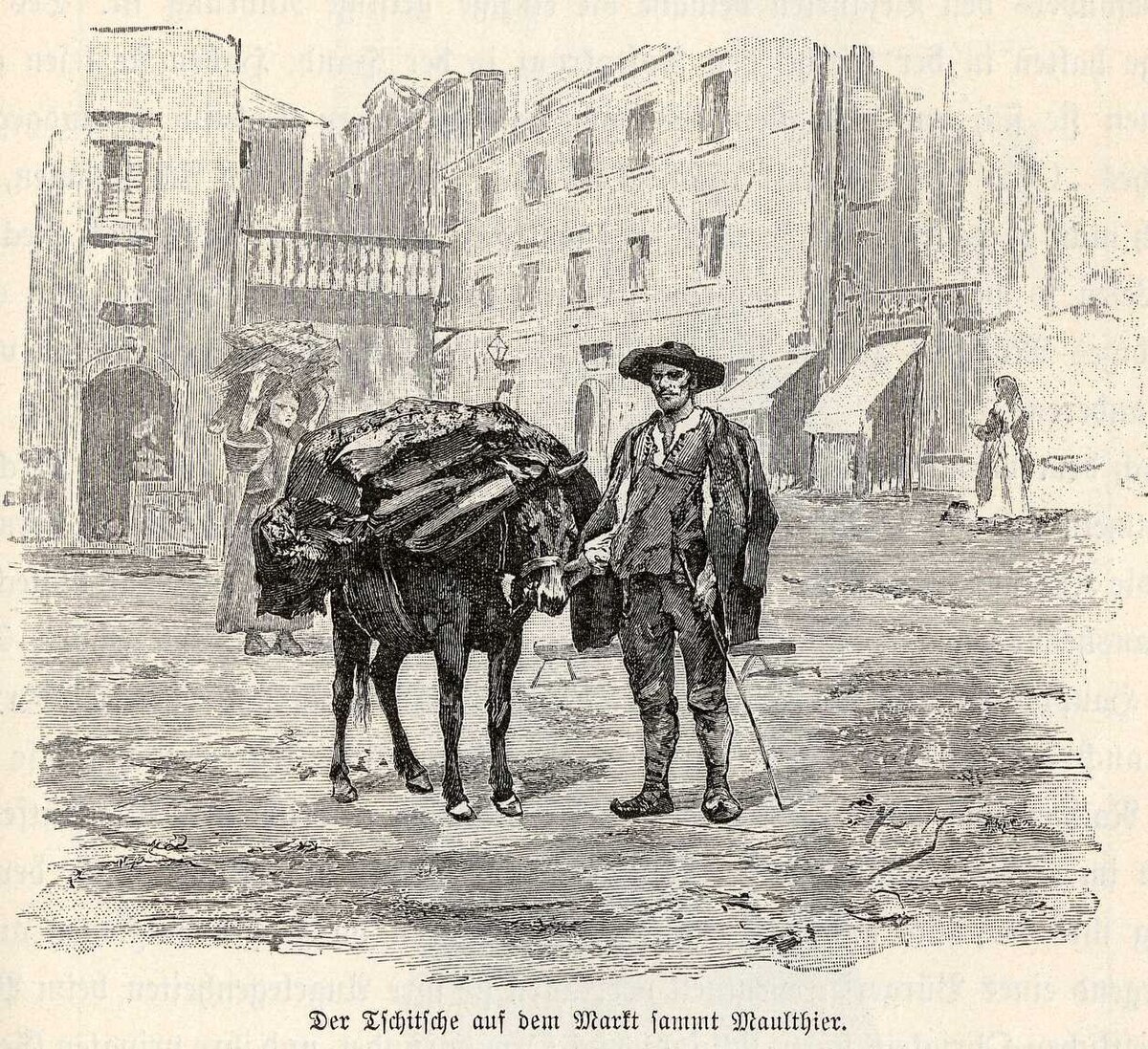 Истрорумын  с  навьюченным  мулом (рисунок  XIX в.)