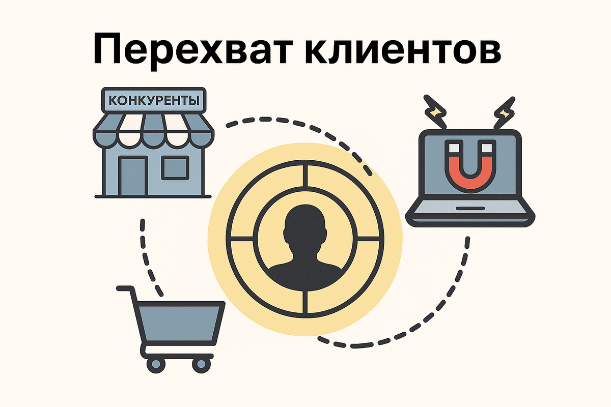Упрощённая схема: клиент ходит по сайтам конкурентов, а потом попадает к вам через перехват.