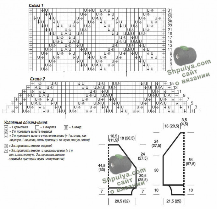 Выкройка и схема вязания ажурного пуловера