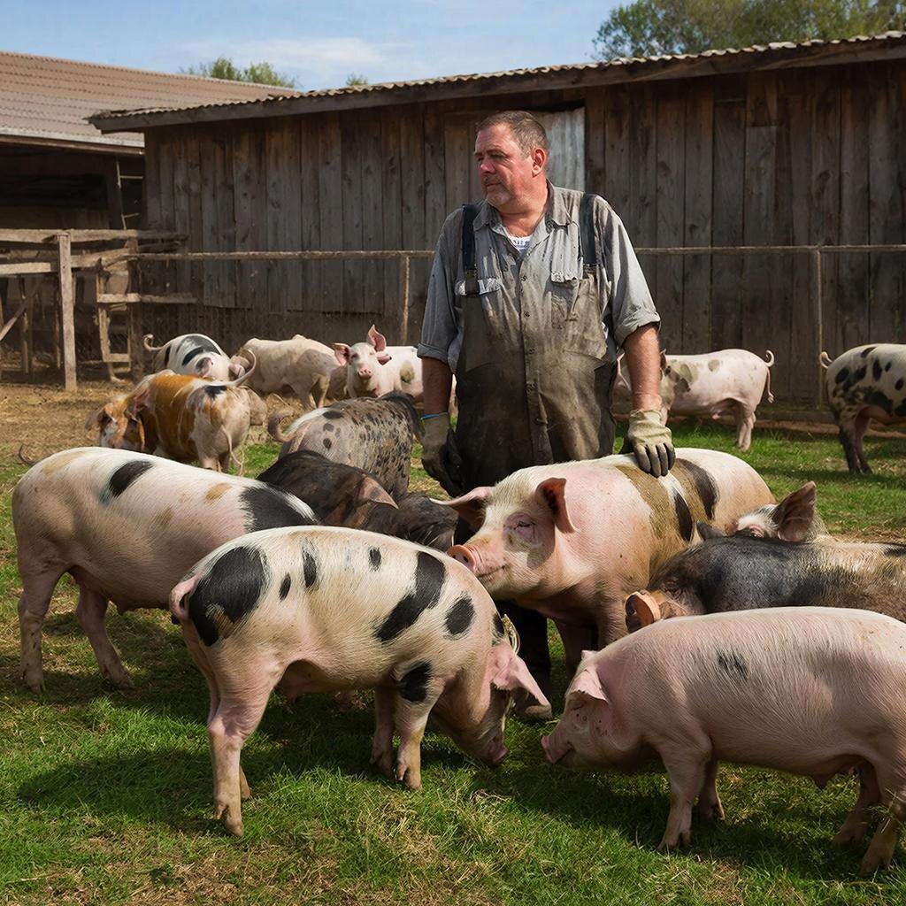 Свинки с фермером. Изображение сгенерировано сервисом GigaChat 