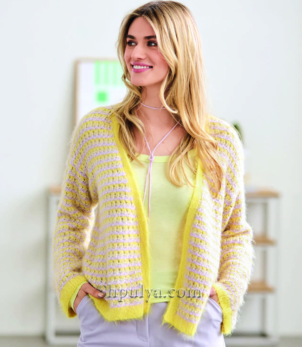 Полосатый ажурный кардиган без застежки