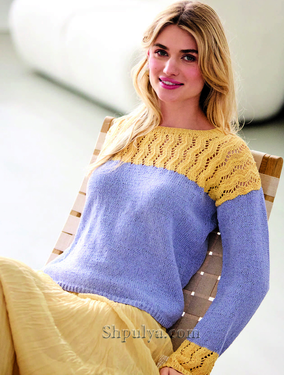 Двухцветный пуловер с ажурной кокеткой