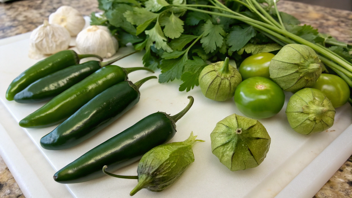 На разделочной доске — свежие зеленые чили перцы разного размера (поблано, халапеньо) и зеленые томатильос (похожие на маленькие зеленые помидоры в шелухе).