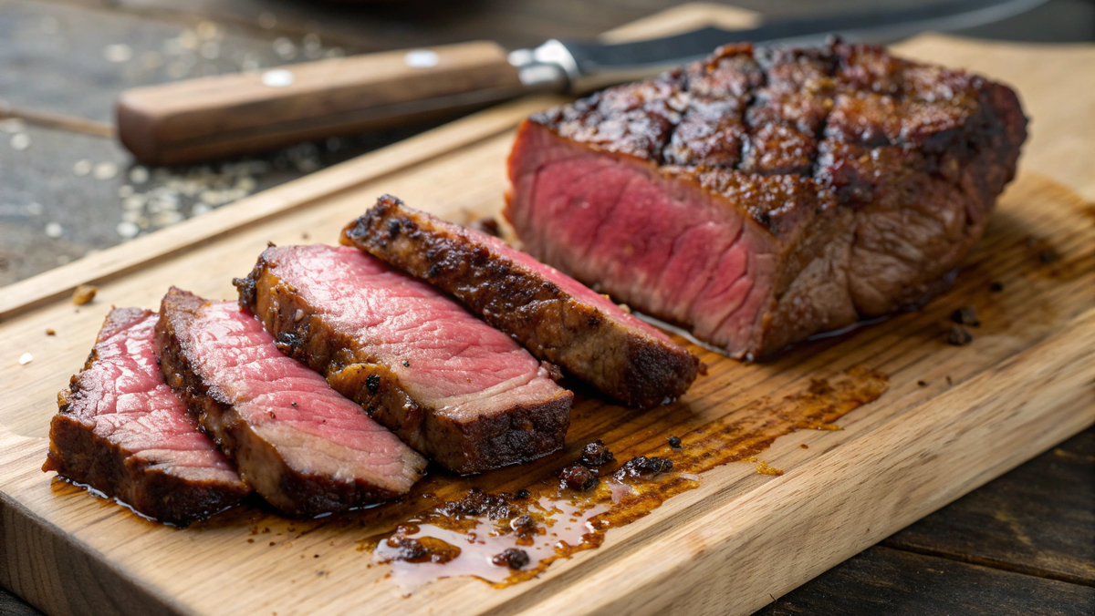 Приготовленный, горячий стейк лежит на деревянной разделочной доске.