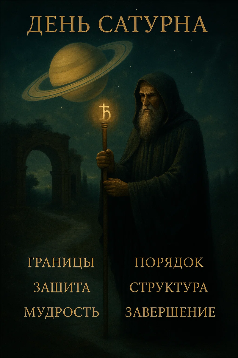 Суббота — день, который ставит всё на место. Она принадлежит Сатурну, который символизирует: мудрость, порядок, границы, защита, очищение, завершение и глубокий внутренний покой.
Это день, когда наконец можете сказать: «Стоп. Хватит. Здесь — моя граница.»

В субботу идеально ставить защитные ритуалы, совершатьмедитации и практики структурирования