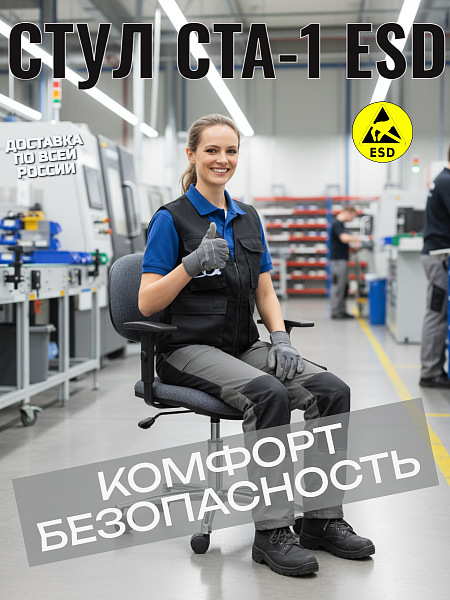 рабочий стул на колесиках с тканевой обивкой серого или черного цвета в антистатическом исполнении (ESD) для оснащения рабочих мест производственных и складских предприятий