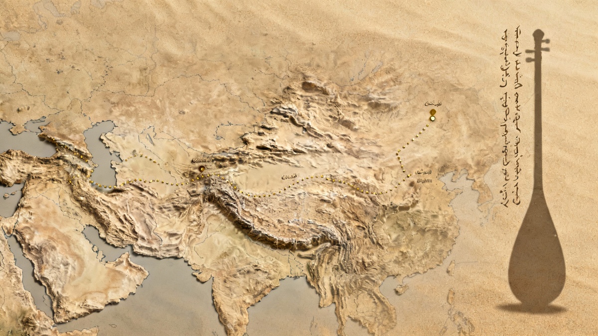 Карта Евразии с пунктирным маршрутом Шёлкового пути и метками Кашгара и Турфана; справа — столбик староуйгурской письменности и тень равапа на песочном фоне.