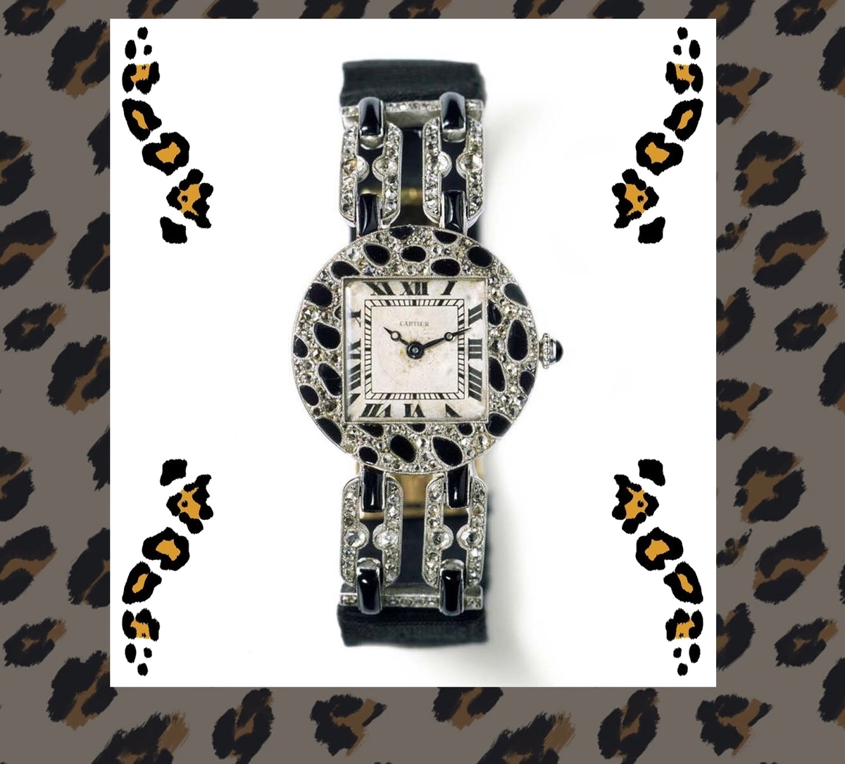 Наручные часы Cartier 1914 года с мотивом пятен пантеры, с круглым корпусом из полированной платины, инкрустированным бриллиантами огранки «роза» и ониксом.