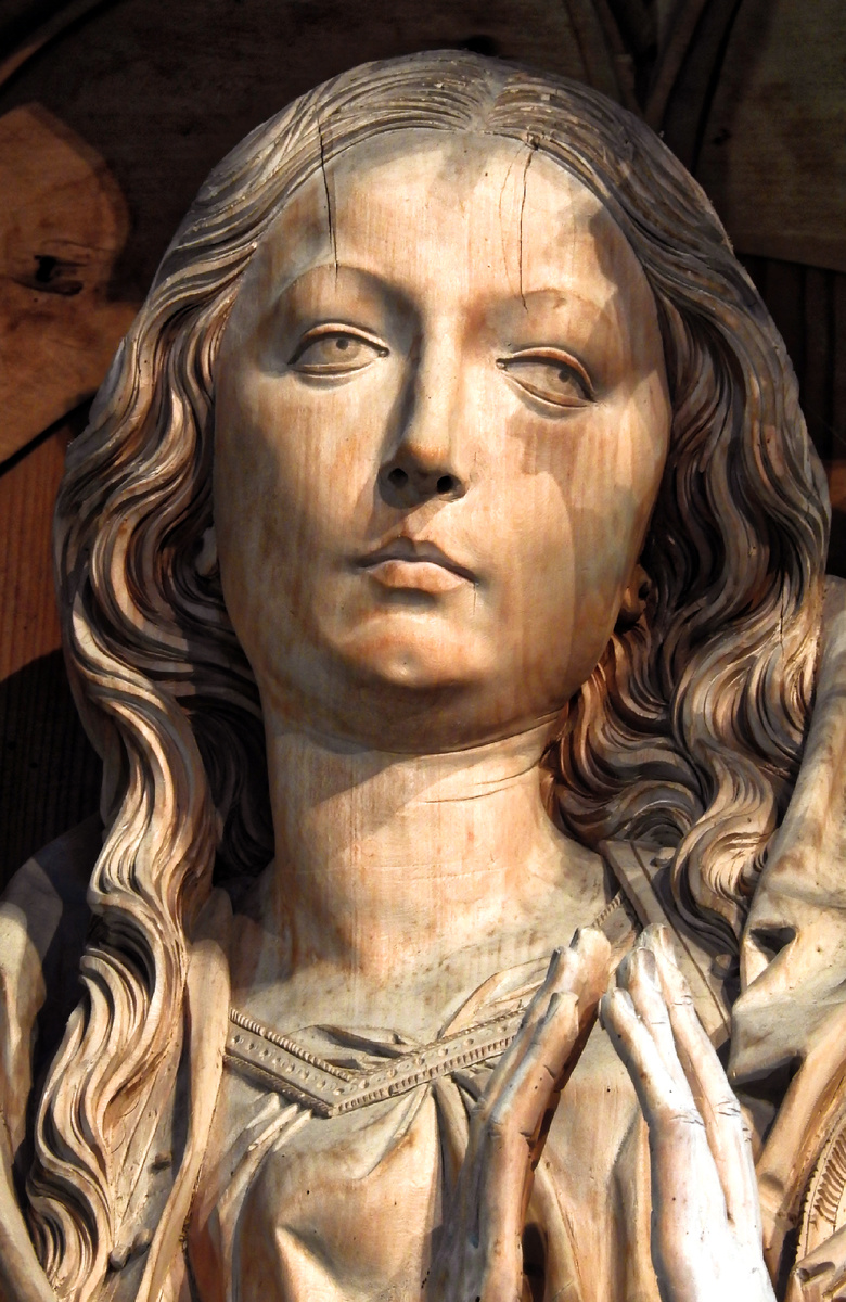 Тильман Рименшнайдер, Голова Девы Марии. Липа. Деталь алтаря Святой Марии. 1505—1510. Церковь Господа, Креглинген, Баден-Вюртемберг, Германия. 