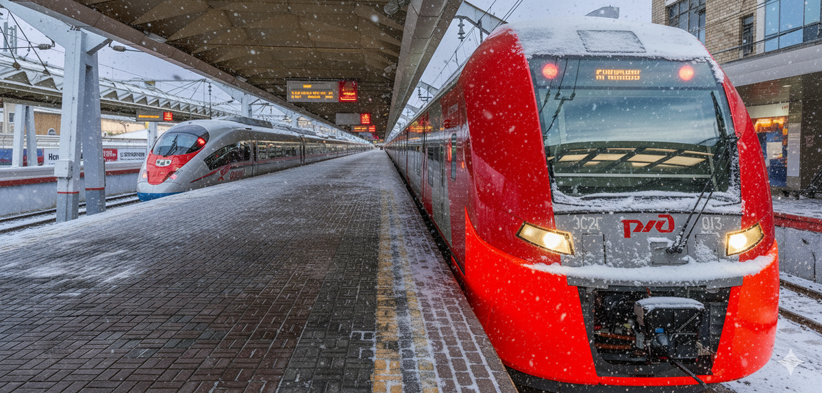 Скоростной поезд Ласточка на вокзале зимой.