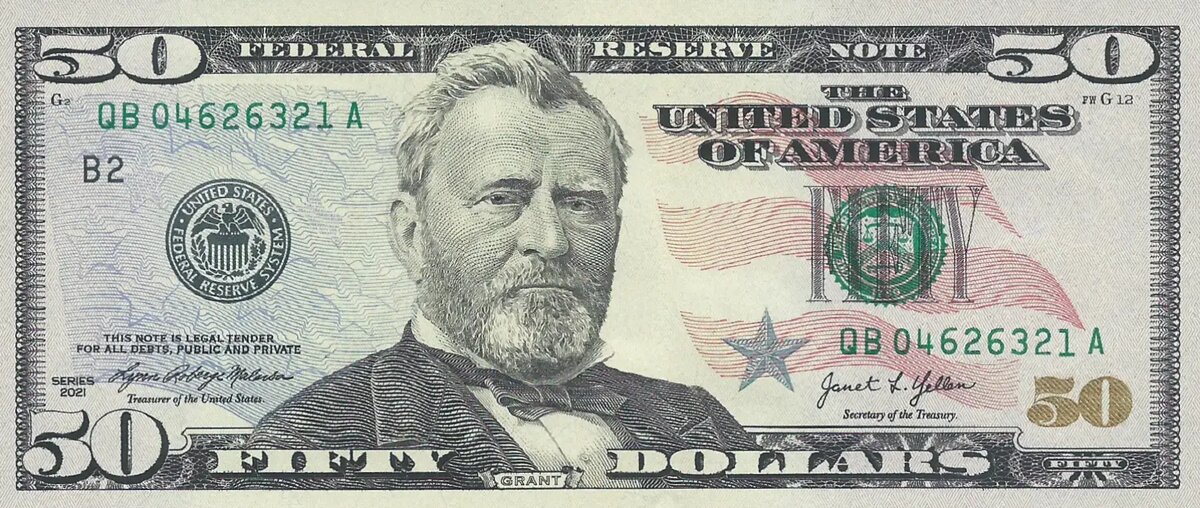 Новая 50-долларовая банкнота с подписью и датой (2021) – лицевая сторона