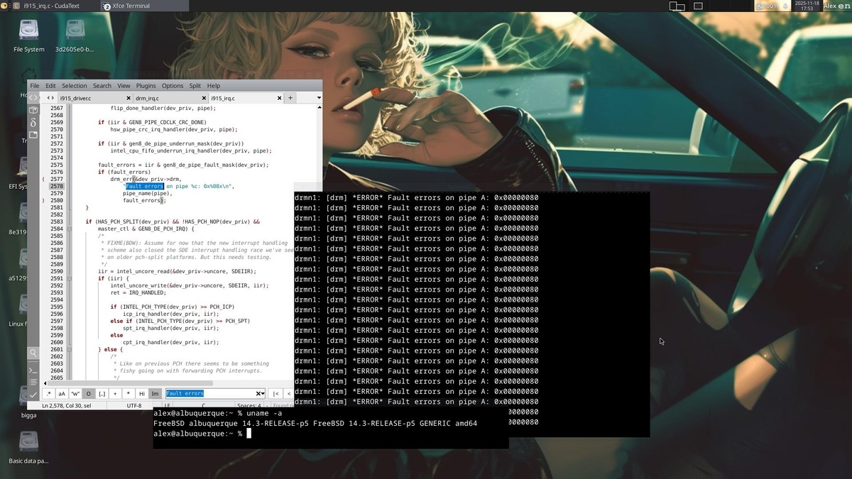 Видите эти повторяющиеся записи справа? Так будет выглядеть буфер сообщений ядра (dmesg), если вам не повезло нарваться на этот баг.