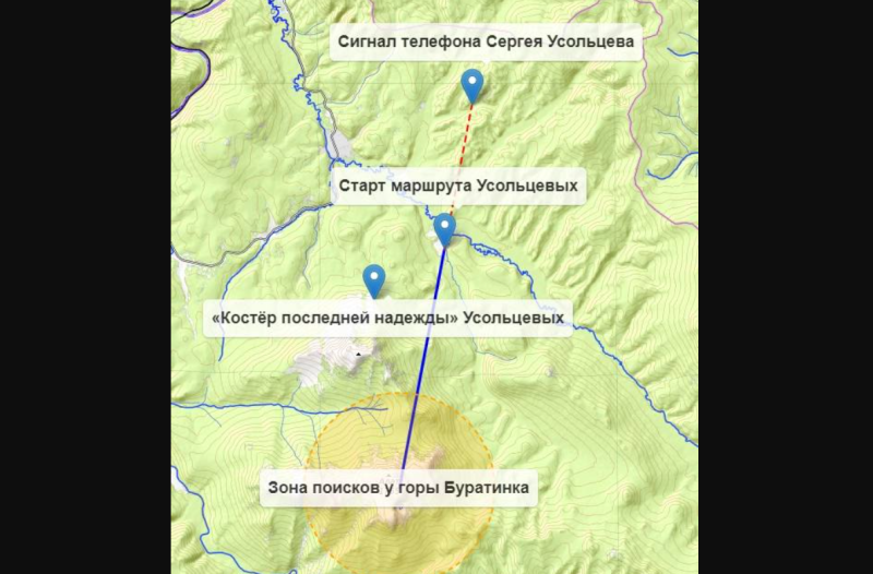    Маршрут Усольцевых и зона поисков. На схеме видно, что последний сигнал телефона Сергея зафиксирован в совсем другой стороне. Фото: соцсети