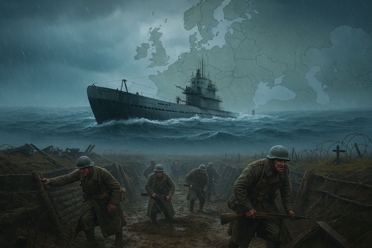 Штормовое море и подводная лодка времён Первой мировой на фоне полупрозрачной карты Европы, внизу солдаты в грязных окопах под дождём и колючей проволокой — символ 1917 года, войны на истощение и подводной блокады.