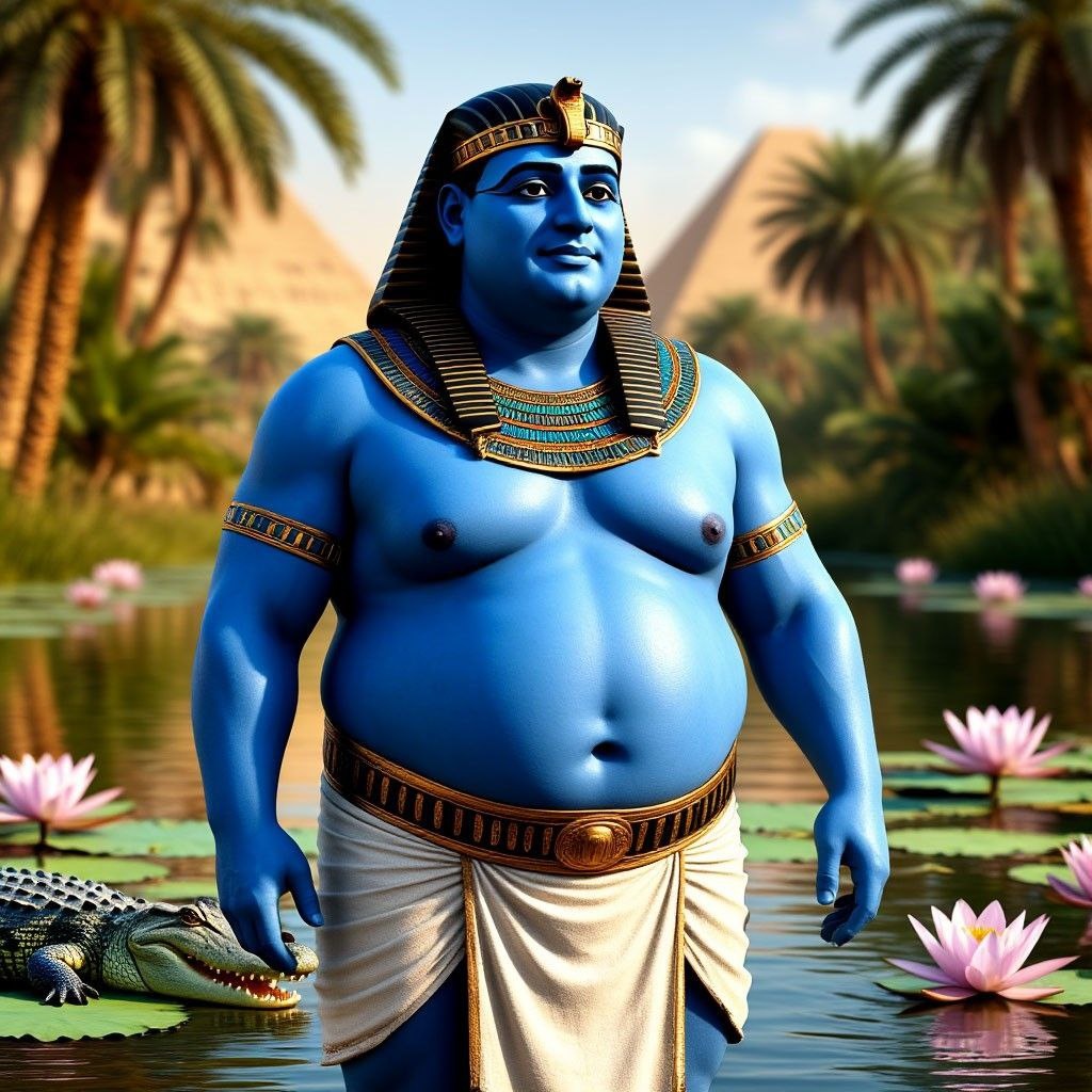 Хапи изображали как полноватого мужчину с синей кожей и большим животом, подпоясанным набедренной повязкой. (нейросеть)
