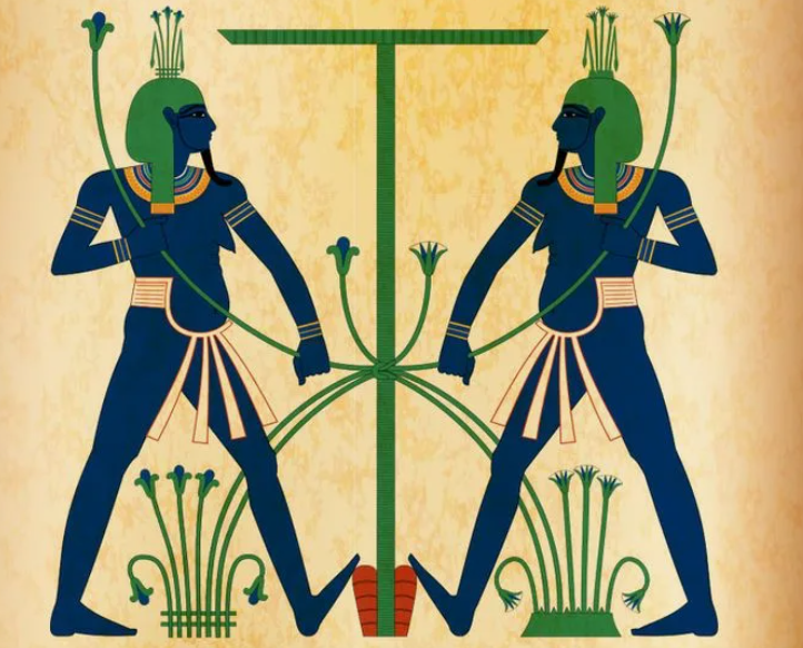 В период XIX династии Хапи часто изображался в виде парной фигуры, каждая из которых держит и натягивает длинный стебель растения, символически связывающий Верхний и Нижний Египет. (интернет)