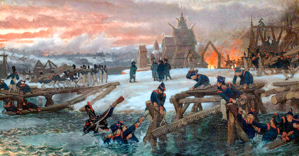 Наведение понтонов французами через Березину. Худ. Лоуренс Альма-Тадема.