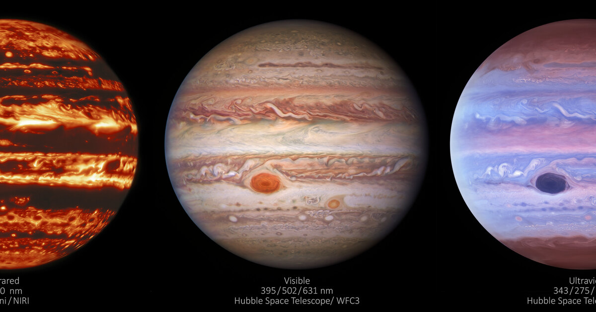 Снимки Юпитера в видимом, инфракрасном и ультрафиолетовом диапазонах света, сделанные с телескопа «Хаббл», (источник: techinsider.ru)