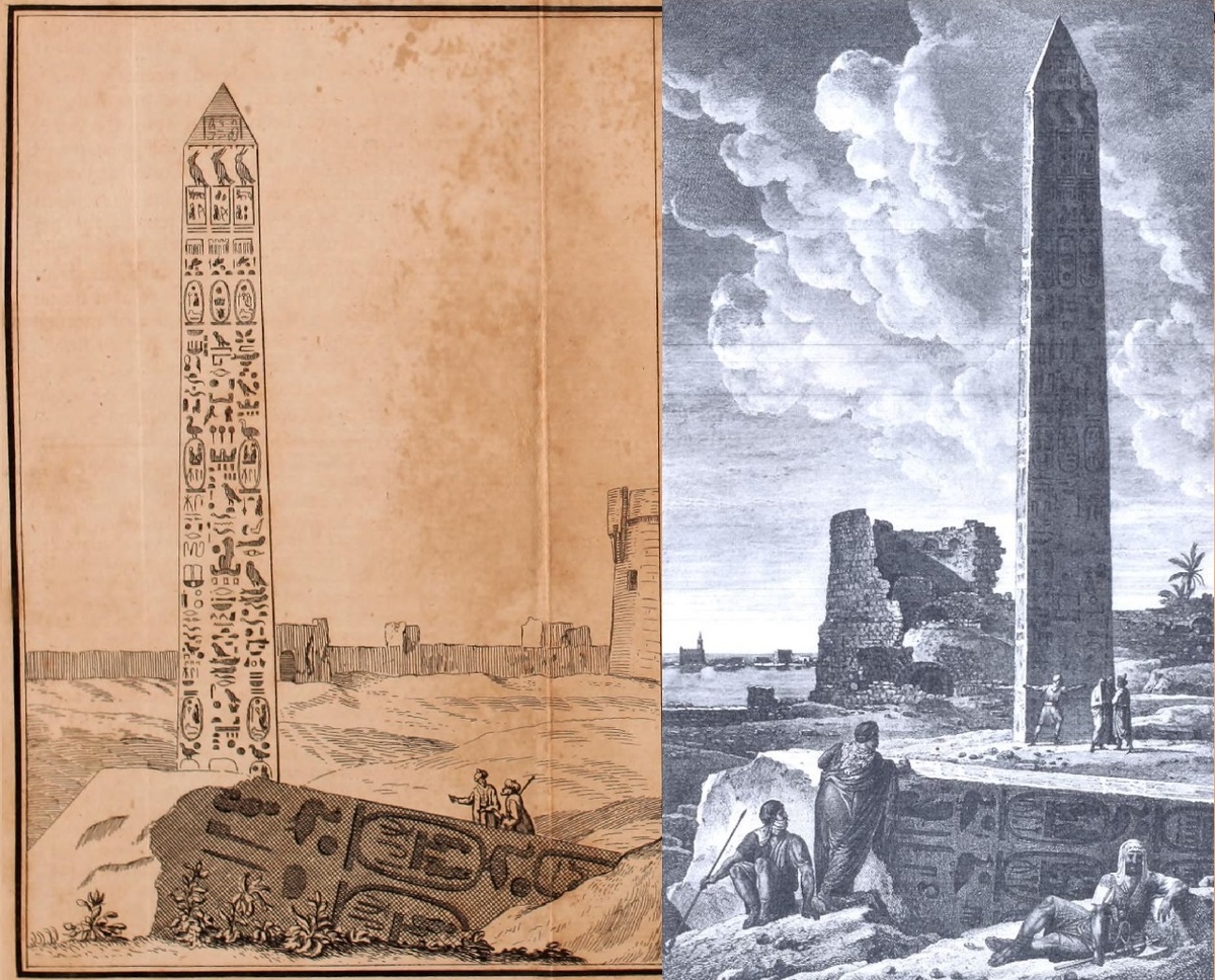 Две Иглы Клеопатры в XVIII веке: слева в 1737 г., справа в 1799 г. На переднем плане упавший обелиск,  вывезенный век спустя в Лондон. Он был ещё не полностью погребён песком.